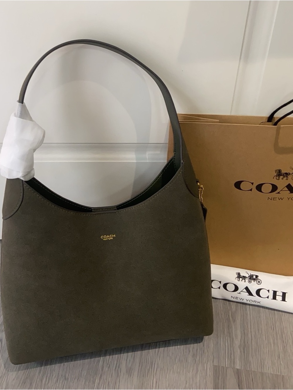 COACH Olive Green Suede Shoulder Bag with Gold Logo